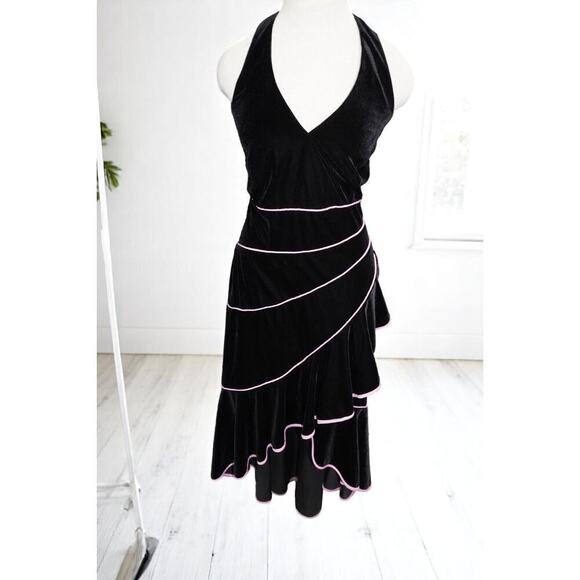 Y2K Velvet Halter Dress with Pink Piping Blondie Nites by Linda Bernell 16W - Picture 2 of 14